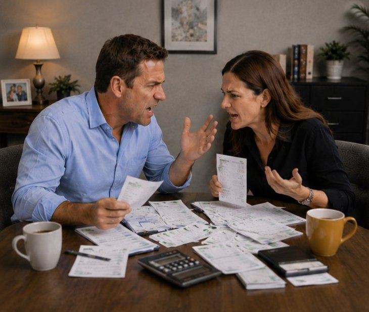 Couple arguing over child support documents — conflict before mediation Texas