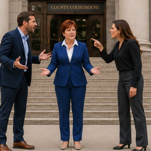 Couple arguing outside courthouse before divorce mediation Texas — conflict and stress of litigation