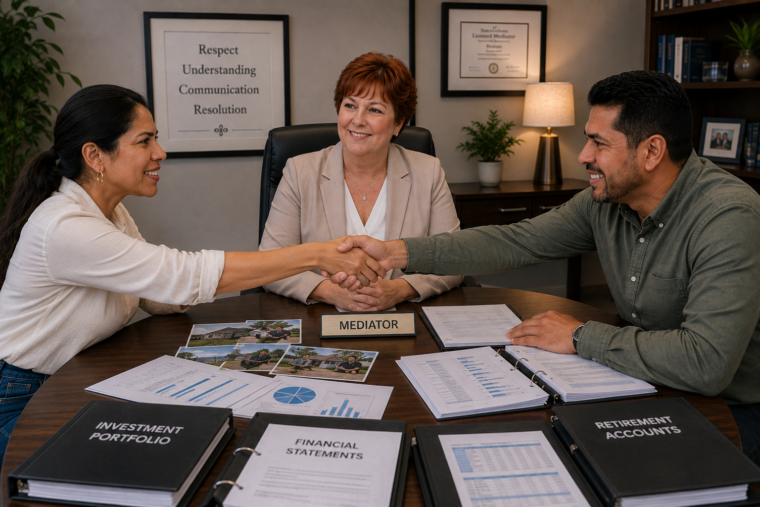 Couple reaching agreement and shaking hands in mediation session