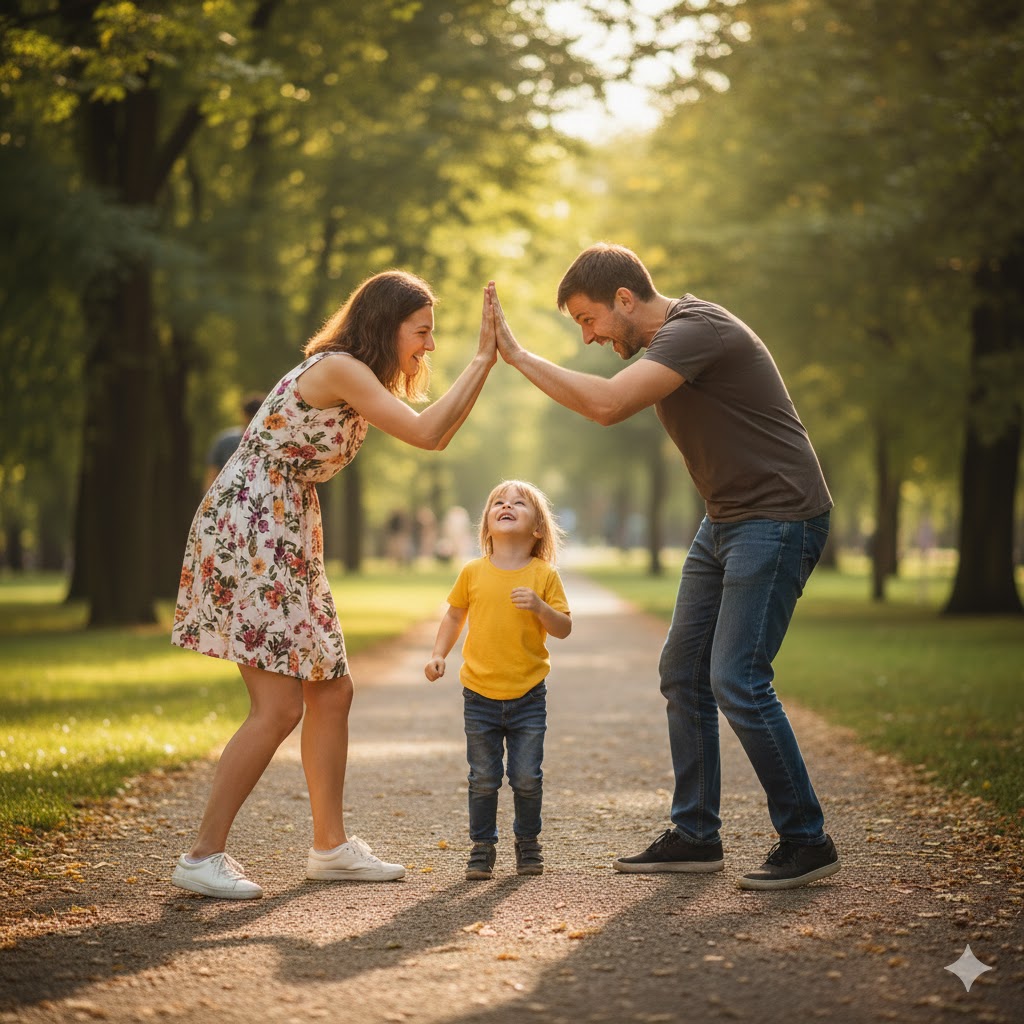 Happy family with parents cooperating representing successful mediation outcome