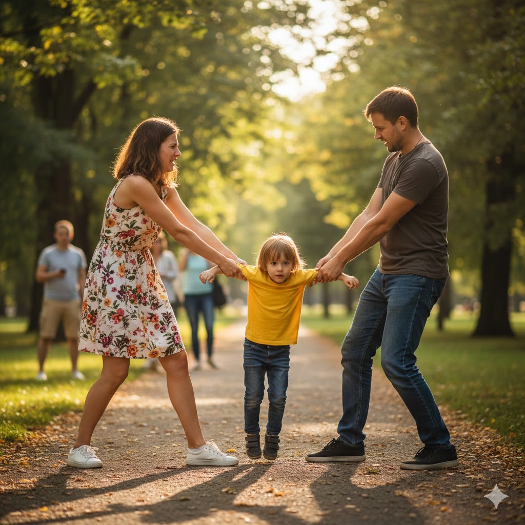 Parents in conflict pulling child in opposite directions — child custody dispute Texas — family mediation helps resolve co-parenting disagreements in Dallas Fort Worth